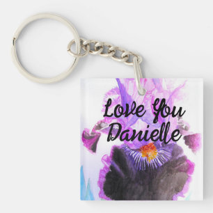 Porte-clés Iris Pourpre Fleur Aquarelle Floral Anniversaire