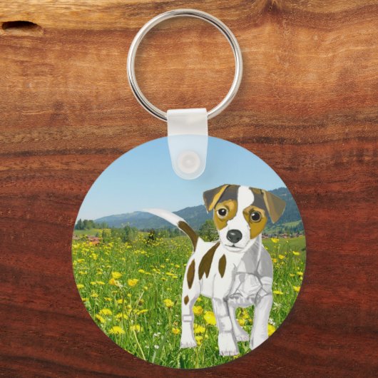Porte-clés Jack Russell chiot dans une prairie à fleurs (Verso)