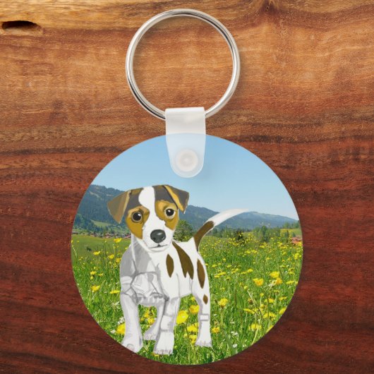 Porte-clés Jack Russell chiot dans une prairie à fleurs (Recto)