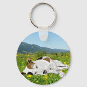 Porte-clés Jack Russell couché dans une prairie à fleurs (Recto)