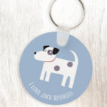 Porte-clés Jack Russell Terrier Chien Texte Personnalisé<br><div class="desc">Un adorable chien Jack Russell ou Parson Terrier sur un arrière - plan bleu. Parfait pour votre maman de chien ou papa de chien préféré. Modifiez ou supprimez le texte à customiser.</div>