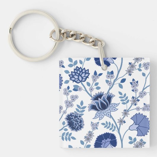 Porte-clés Jacobean Floral Lg Motif Bleu sur Blanc (Devant)