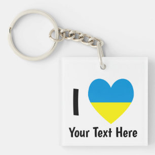 Porte-clés J'aime (Cœur Drapeau Ukrainien) Texte Personnalisé