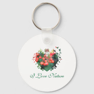 Porte-clés j'aime la nature, baies rouges, vert, cadre en for