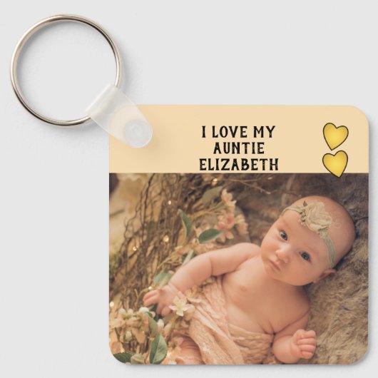 Porte-clés J'aime ma Tante nom photos jaune double face (Recto)