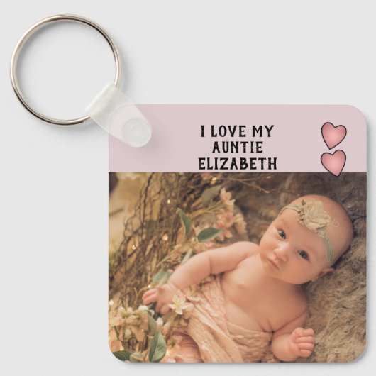 Porte-clés J'aime ma Tante nom photos violet double face (Recto)