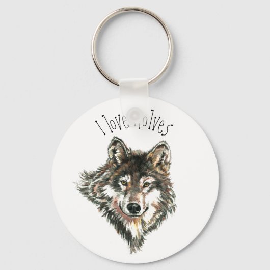 Porte-clés J'aime Wolf Aquarelle Gris Loup Animal Art (Recto)