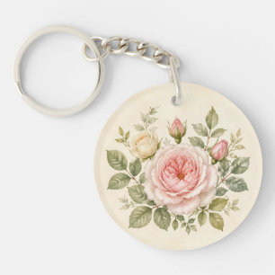 Porte-clés Jardin de Cottage à la Rose Rosée Aquarelle
