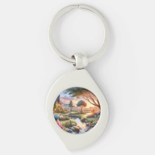 Porte-clés Jardin de Cottage au Ruisseau au Coucher du Soleil