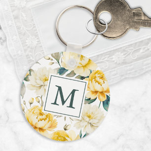 Porte-clés Jardin de fleurs à l'aquarelle jaune Monogrammé