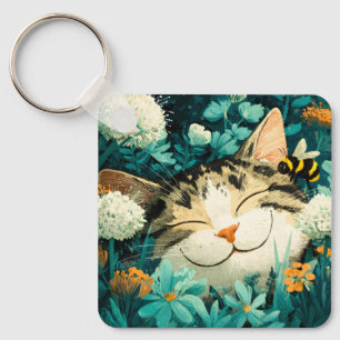 Porte-clés Jardin de fleurs de chat endormi aquarelle abeille