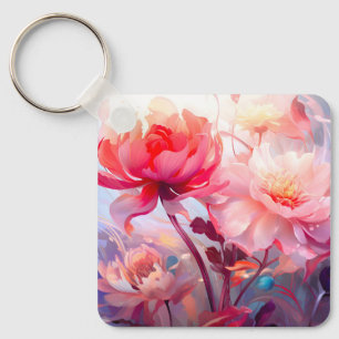 Porte-clés Jardin de pivoines fleuries aquarelle