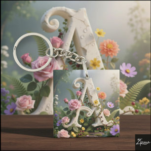 Porte-clés Jardin Floral Blanc Monogramme Lettre A
