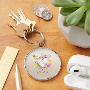 Porte-clés Jardin Floral Monogramme Coeur Beige