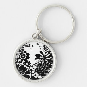 Porte-clés Jardin floral noir et blanc Motif graphique