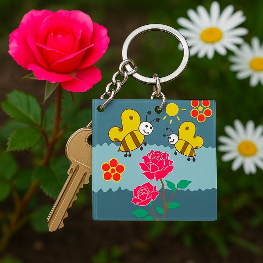 Porte-clés Jardin Floral Rose et abeilles
