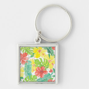 Porte-clés Jardin tropical, plumeria hibiscus et feuilles de 