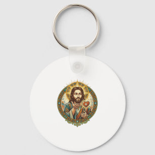 Porte-clés Jésus envoie un baiser Cœur rouge Bouton J'aime Hu