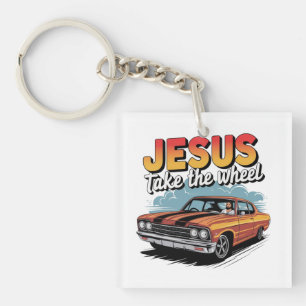 Porte-clés Jesus Prend le Volant Voiture Musclée Vintage
