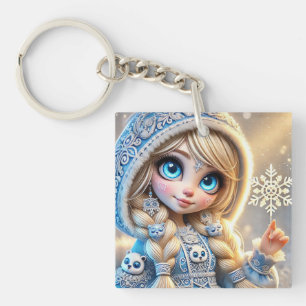 Porte-clés Jeune fille des neiges avec flocon de neige scinti