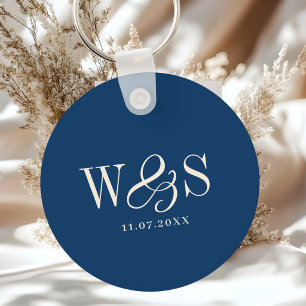 Porte-clés Jeunes mariés élégants bleu marine initiale