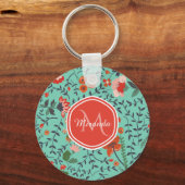 Porte-clés Joli Aquamarine Orange et Rouge Floral Monogramme (Recto)