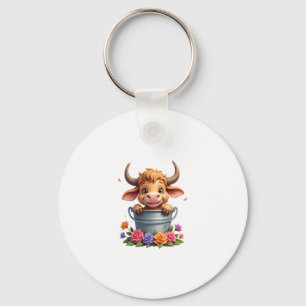 Porte-clés Joli bébé vache des Highlands avec fleurs Veau Ani