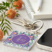 Porte-clés Joli bleu violet Florals Monogramme (Devant Droit)