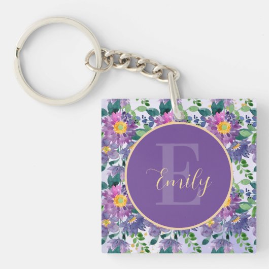 Porte-clés Joli bleu violet Florals Monogramme (Devant)