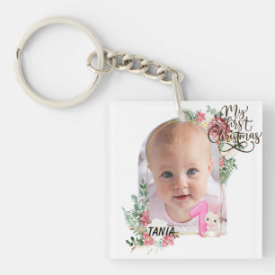 Porte-clés Joli cadre floral rose pour bébé fille Premier Noë