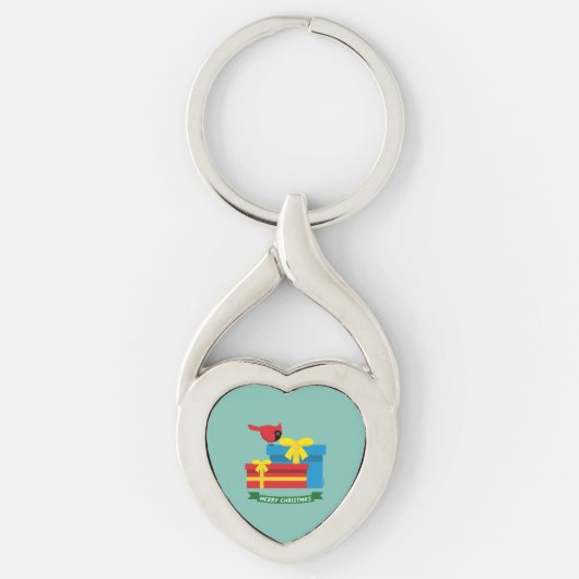 Porte-clés Joli Cardinal Rouge Ouverture D'Un Cadeau Bleu (Devant)