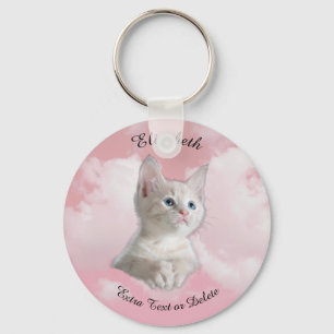 Porte-clés Joli Chat Blanc Ciel Rose, Nom Noir, Texte Supplém