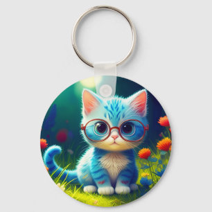 Porte-clés Joli Chat Bleu Portant des Lunettes-47067
