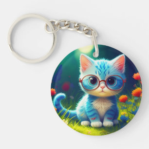 Porte-clés Joli Chat Bleu Portant des Lunettes-47067