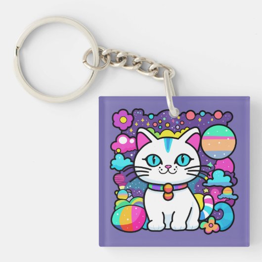 Porte-clés Joli Chat Cosmique Blanc (Devant)