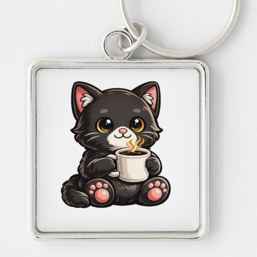 Porte-clés Joli Chat Noir avec Café (Devant)