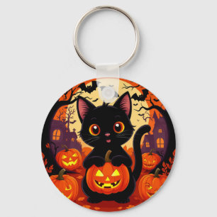 Porte-clés Joli Chat Noir avec des Citrouilles d'Halloween