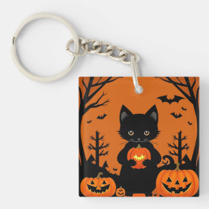 Porte-clés Joli chat noir avec des citrouilles d'Halloween