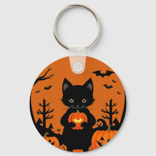 Porte-clés Joli Chat Noir avec des Citrouilles d'Halloween