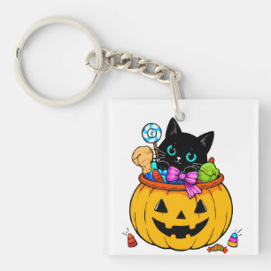 Porte-clés Joli Chat Noir dans une Citrouille Jack-O'-Lantern
