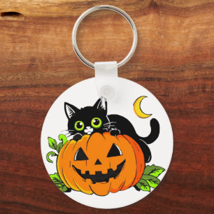 Porte-clés Joli chat noir sur citrouille Jack-O'-Lantern d'Ha