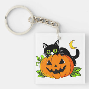 Porte-clés Joli chat noir sur citrouille Jack-O'-Lantern Hall