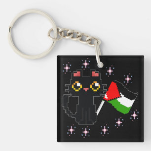 Porte-clés joli chat noir tenant le drapeau de la Palestine