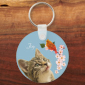 Porte-clés Joli chat tabby, fleurs et petit oiseau rouge (Recto)