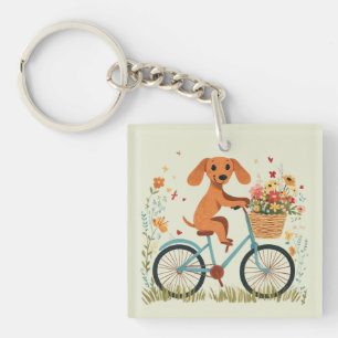 Porte-clés Joli chien teckel à vélo Fleurs printanières