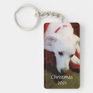 Porte-clés Joli Chiot blanc moelleux Noël Rouge