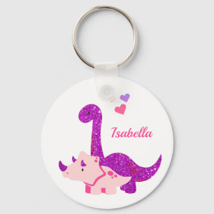 Porte-clés Joli dinosaure scintillant violet personnalisé