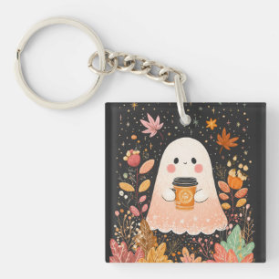 Porte-clés Joli Fantôme d'Automne avec Café à la Citrouille –