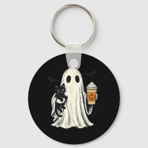 Porte-clés Joli fantôme d'Halloween tenant un chat noir Café