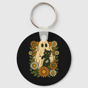 Porte-clés Joli fantôme tenant un chat noir floral funky drôl